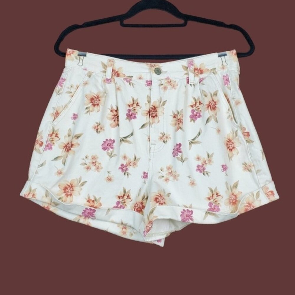 American Eagle Womens Off White Floral Print Denim Mom Shorts Size 10